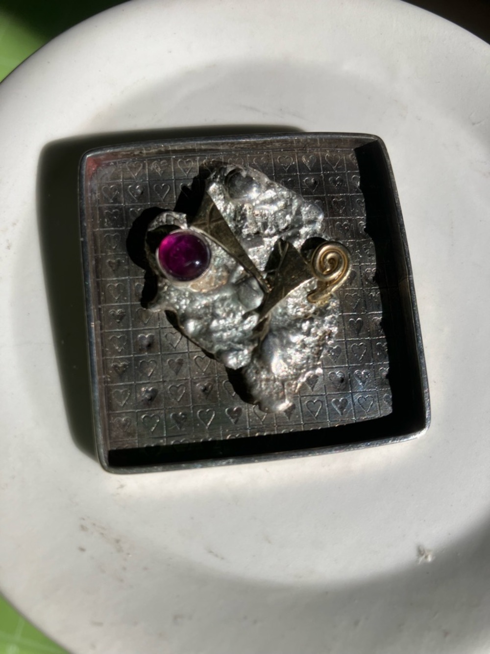 Silver Brooch with Purple Cabochon and Gold Accents